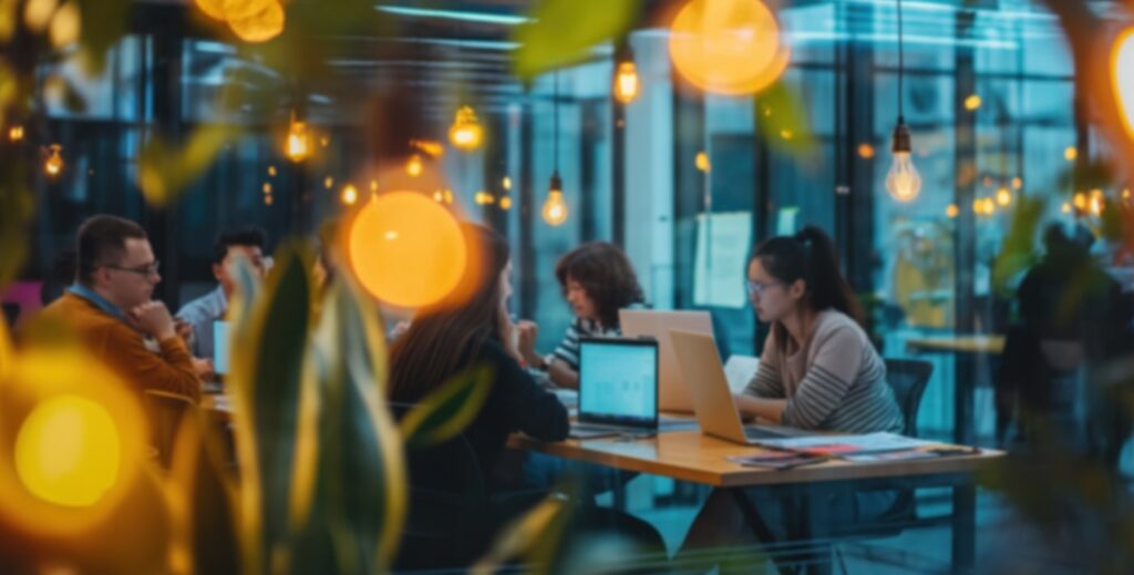 Modern open office space with technology professionals working on laptops