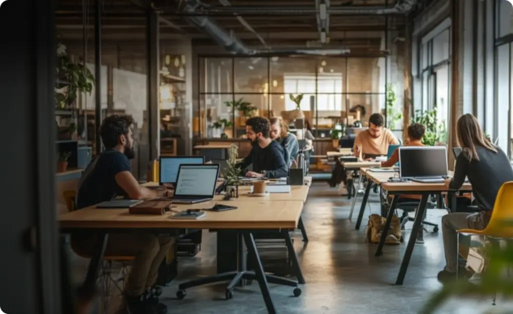 Technology start up office with diverse team working in modern open plan office.